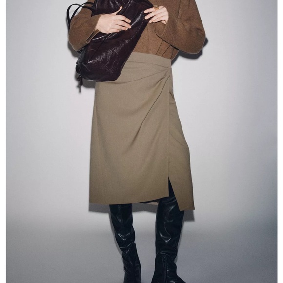 Zara NWT wool blend tan taupe ruched asymmetrical midi skirt - Picture 2 of 11